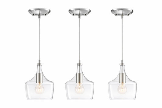 Hukoro 1 Light Brushed Nickel Kitchen Island Pendant Light with Clear Glass Light 3 Pack