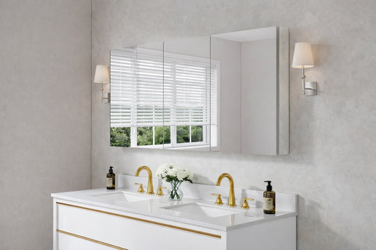 WELLFOR ROSA 56 in W x 30 in H Rectangular Aluminum Tri View Medicine Cabinet with Mirror Combo Set Blum Hinge Soft Close
