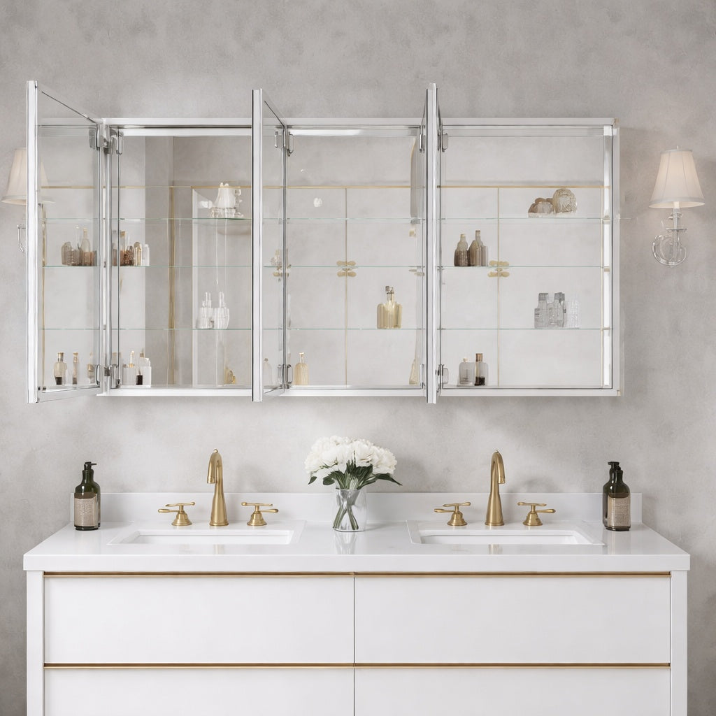 WELLFOR ROSA 56 in W x 30 in H Rectangular Aluminum Tri View Medicine Cabinet with Mirror Combo Set Blum Hinge Soft Close