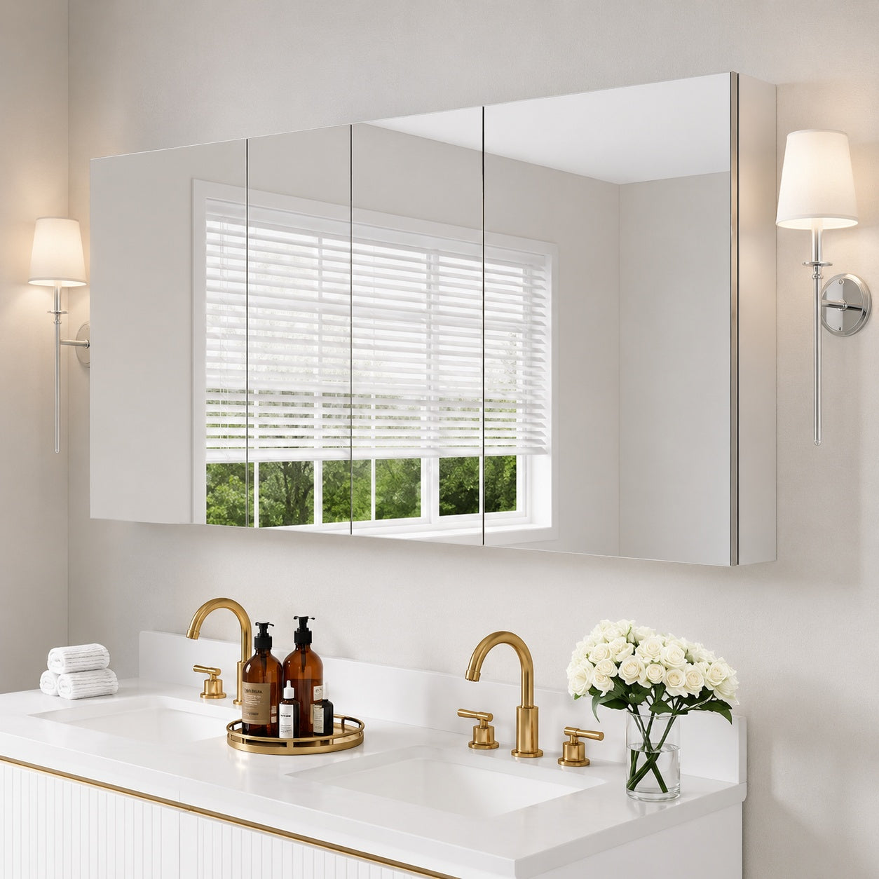 WELLFOR ROSA 64 in W x 30 in H Rectangular Aluminum Tri View Medicine Cabinet with Mirror Combo Set Blum Hinge Soft Close