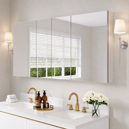 WELLFOR ROSA 64 in W x 30 in H Rectangular Aluminum Tri View Medicine Cabinet with Mirror Combo Set Blum Hinge Soft Close
