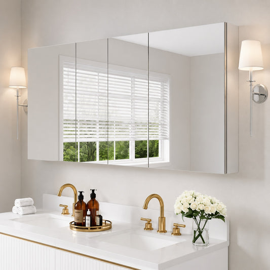 WELLFOR ROSA 64 in W x 30 in H Rectangular Aluminum Tri View Medicine Cabinet with Mirror Combo Set Blum Hinge Soft Close