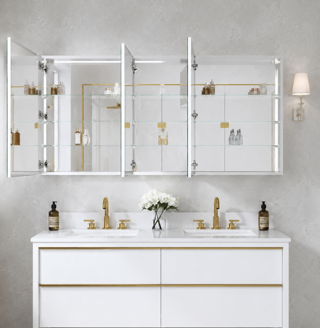 WELLFOR ROSA 64 in W x 30 in H Rectangular Aluminum Tri View Medicine Cabinet with Mirror Combo Set Blum Hinge Soft Close