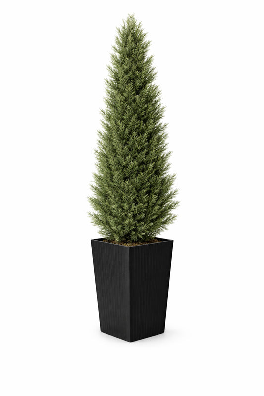 DR Planzen 5 ft Artificial Indoor Outdoor Topiary Cedar Tree with Black Planter Fake UV Resistant Potted Plants