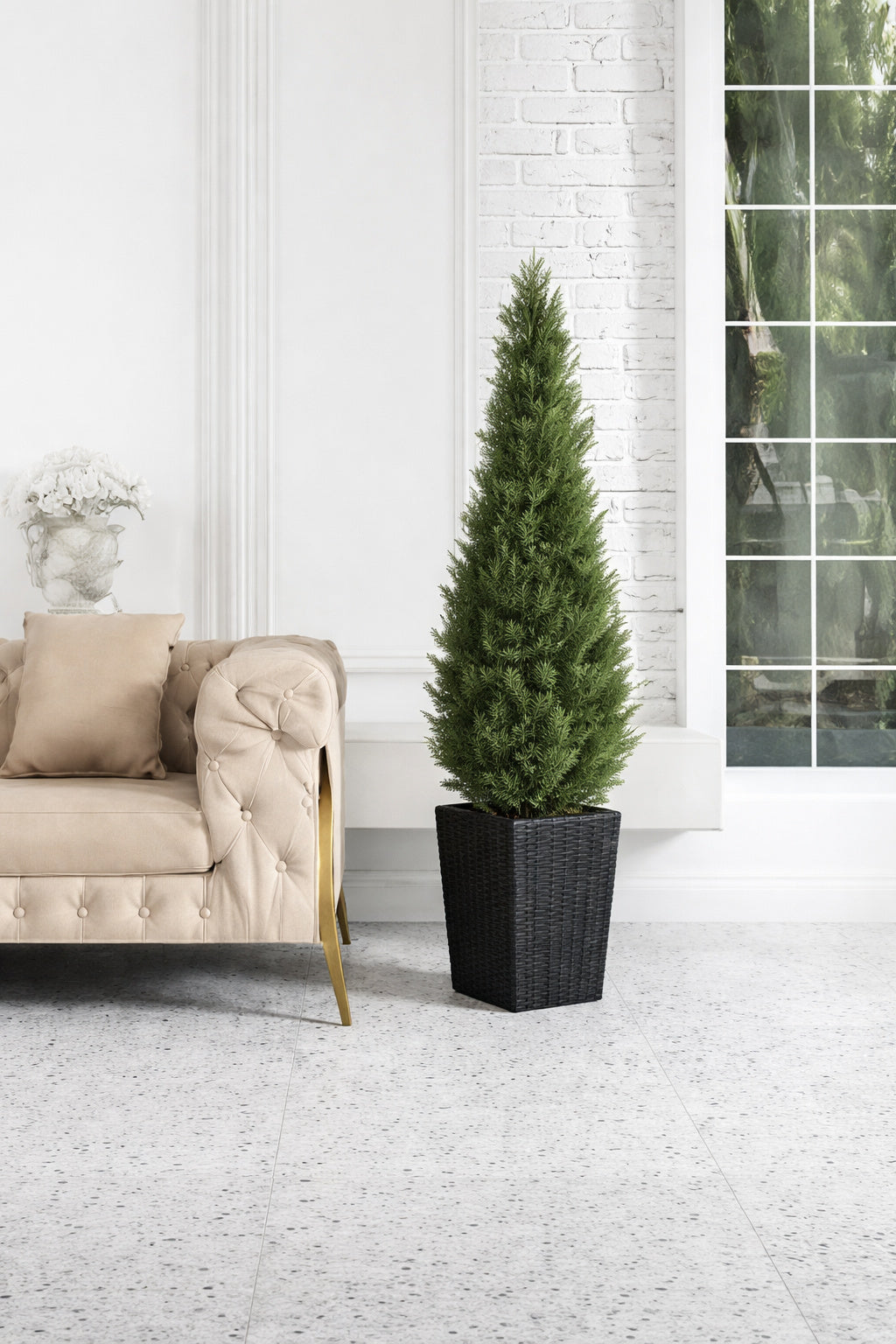DR Planzen 5 ft Artificial Indoor Outdoor Topiary Cedar Tree with Black Planter Fake UV Resistant Potted Plants