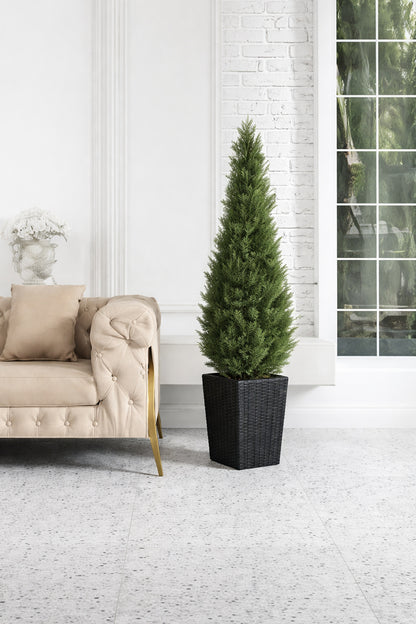 DR Planzen 5 ft Artificial Indoor Outdoor Topiary Cedar Tree with Black Planter Fake UV Resistant Potted Plants