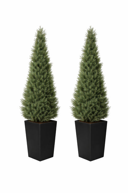 DR Planzen 5 ft Artificial Indoor Outdoor Topiary Cedar Tree with Black Planter Fake UV Resistant Potted Plants Set of 2