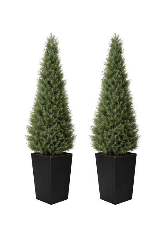 DR Planzen 5 ft Artificial Indoor Outdoor Topiary Cedar Tree with Black Planter Fake UV Resistant Potted Plants Set of 2