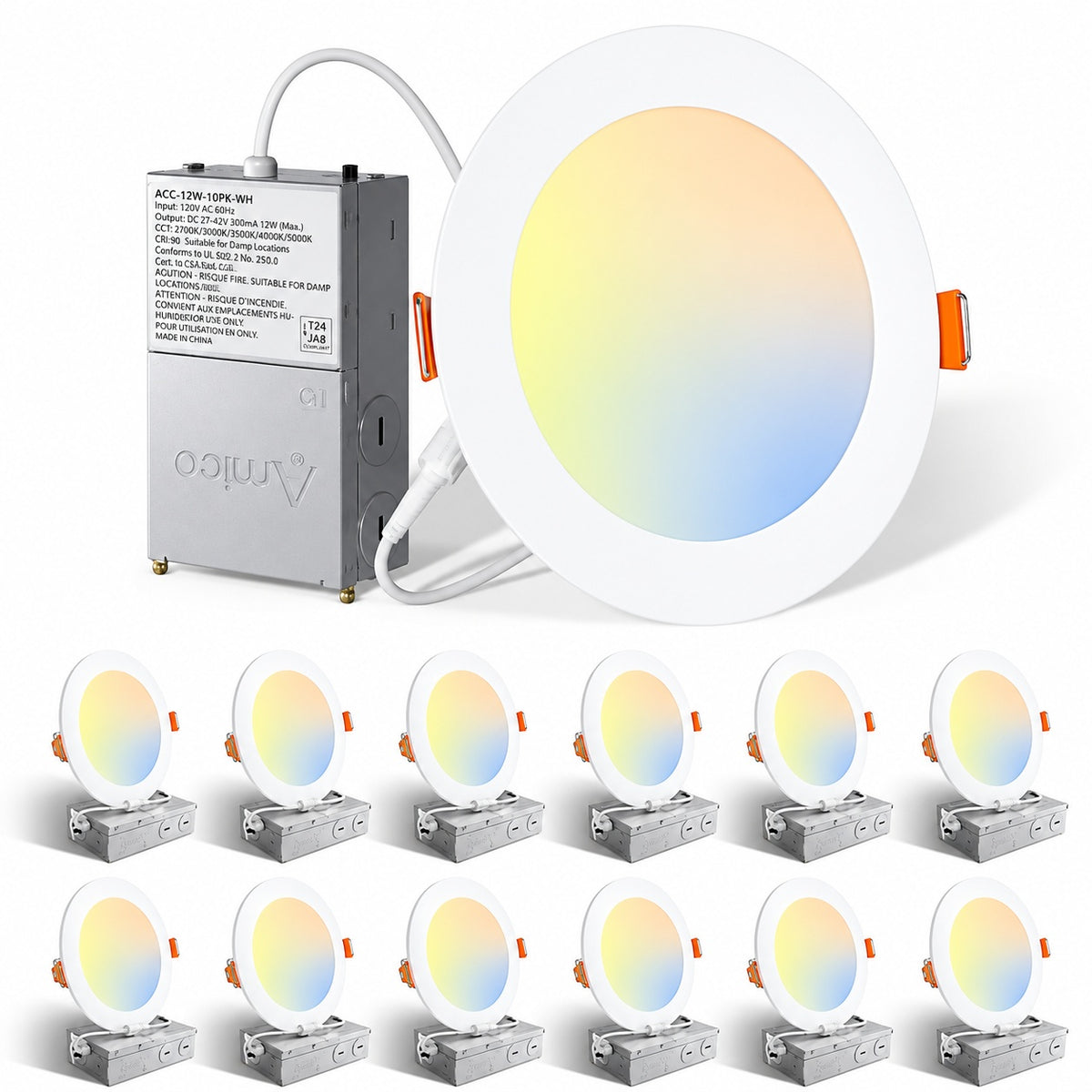 Amico 6 in 12 Pack Adjustable 5CCT Canless LED Recessed Ceiling Light 1050LM Brightness Dimmable 12W 6in 12pcs 5CCT