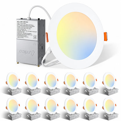 Amico 6 in 12 Pack Adjustable 5CCT Canless LED Recessed Ceiling Light 1050LM Brightness Dimmable 12W 6in 12pcs 5CCT
