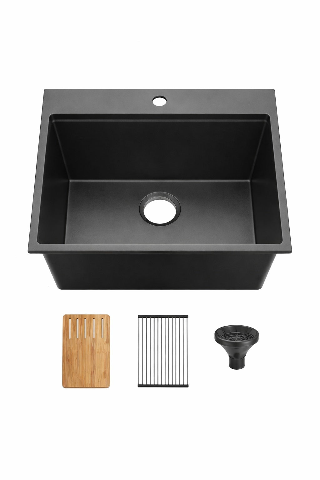 KIBI 25 in Drop In Single Bowl Matte Black Quartz Workstation Kitchen Sink w Cutting Board Rolling Drying Rack Strainer