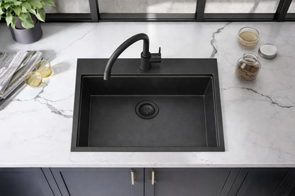 KIBI 25 in Drop In Single Bowl Matte Black Quartz Workstation Kitchen Sink w Cutting Board Rolling Drying Rack Strainer