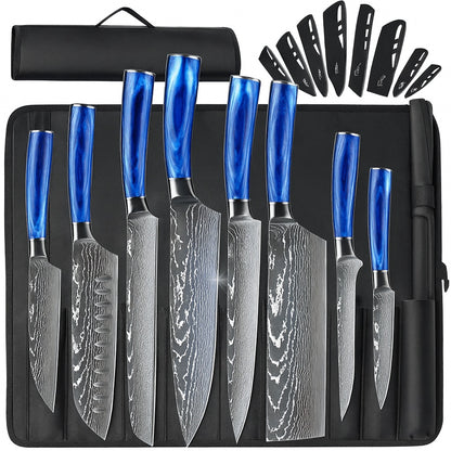 Wudkey 9 Piece High Carbon Stainless Steel Kitchen Chef Knife Set with Blue Pakkawood Handle and Roll Bag