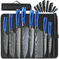 Wudkey 9 Piece High Carbon Stainless Steel Kitchen Chef Knife Set with Blue Pakkawood Handle and Roll Bag