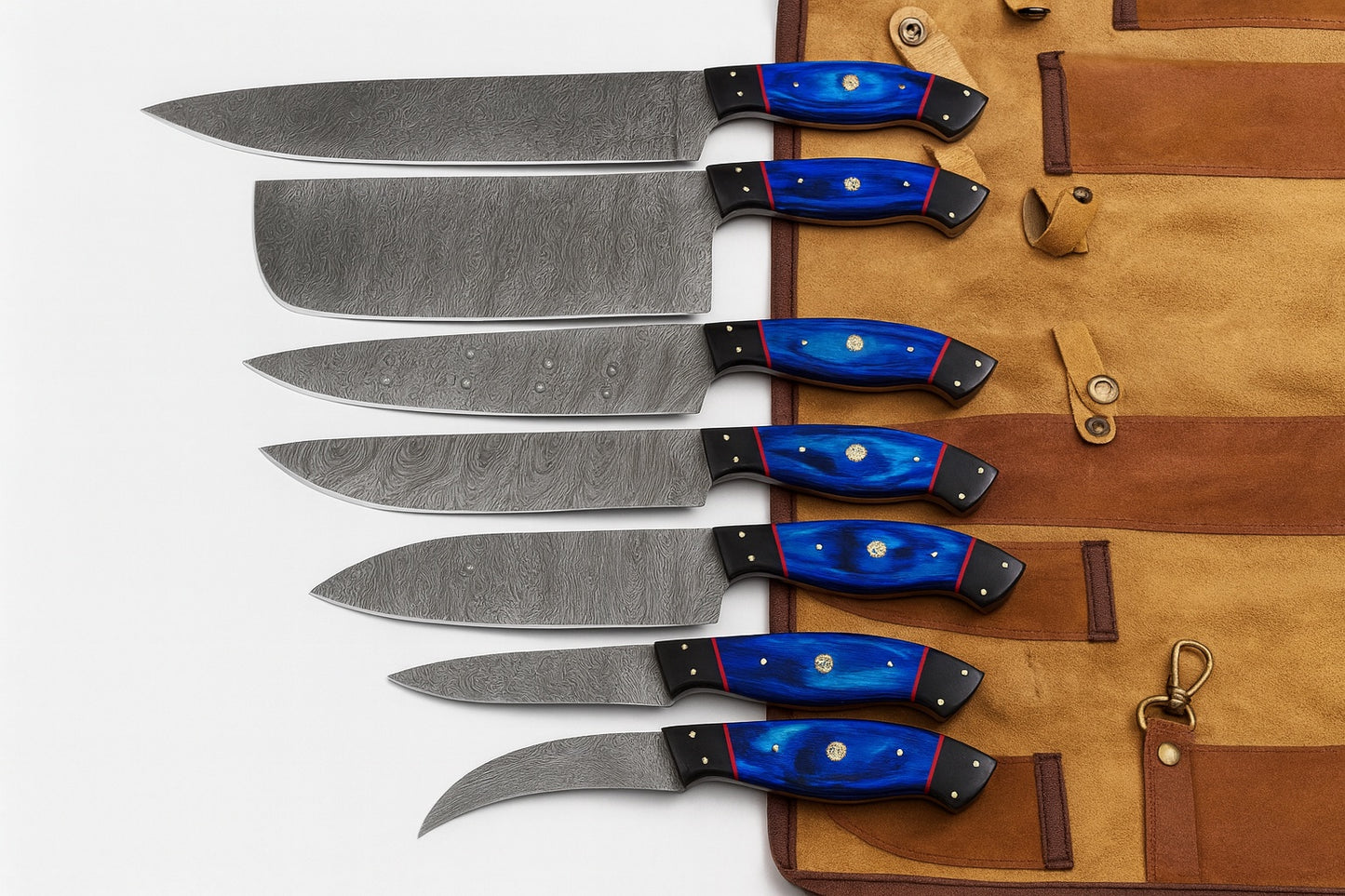 Wudkey 9 Piece High Carbon Stainless Steel Kitchen Chef Knife Set with Blue Pakkawood Handle and Roll Bag