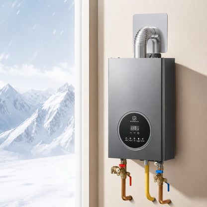 SKYSHALO 4 3 gal Propane Tankless Water Heater 100000 BTU Instant Hot Water Smart Control LED Display Silver Gray