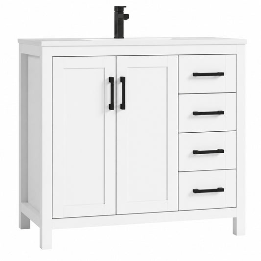 DELUXE DL LIVING Raven 37 in Single Sink White Bath Vanity with White Engineered Solid Surface Top and 4 Drawers Unassembled