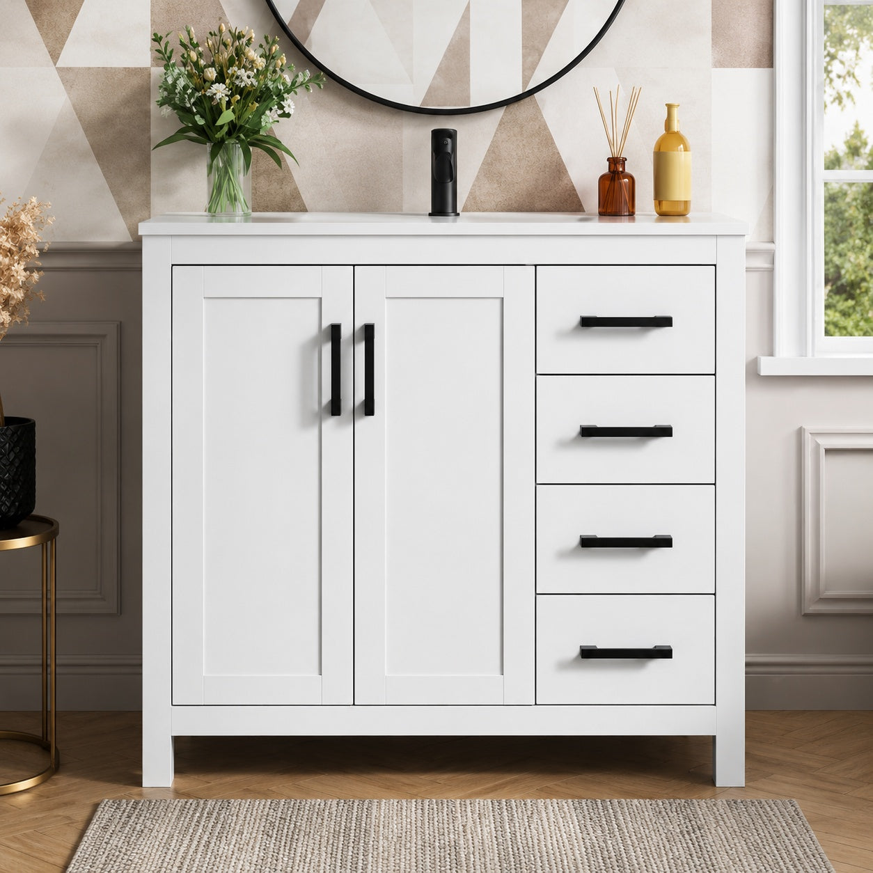 DELUXE DL LIVING Raven 37 in Single Sink White Bath Vanity with White Engineered Solid Surface Top and 4 Drawers Unassembled