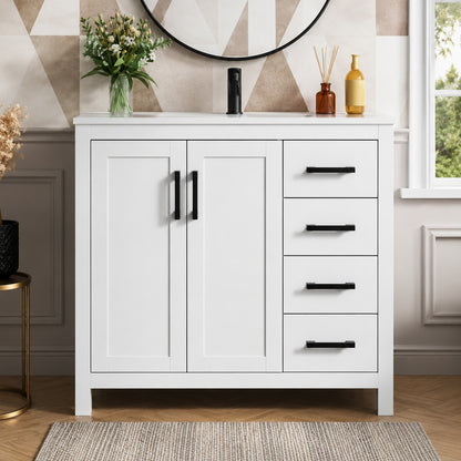 DELUXE DL LIVING Raven 37 in Single Sink White Bath Vanity with White Engineered Solid Surface Top and 4 Drawers Unassembled