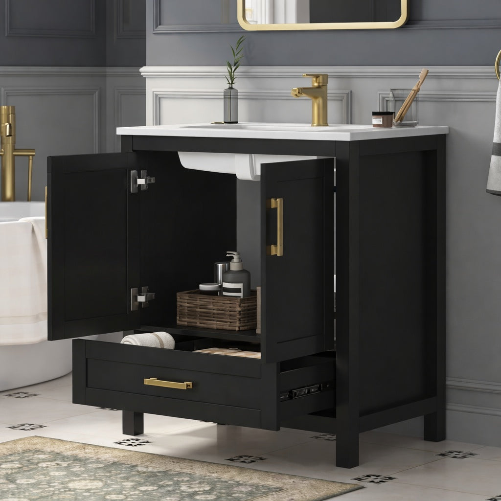 Deluxe Dl Living Raven 31 In W Single Sink Black Freestanding Bath Vanity With White Engineered Solid Surface Top Unassembled