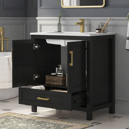 Deluxe Dl Living Raven 31 In W Single Sink Black Freestanding Bath Vanity With White Engineered Solid Surface Top Unassembled