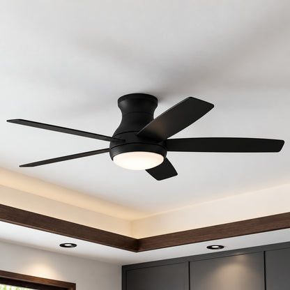 Hampton Bay Banksville 52 in Matte Black Flush Mount Standard Ceiling Fan with White Adjustable LED Light DC Motor and Remote 85211