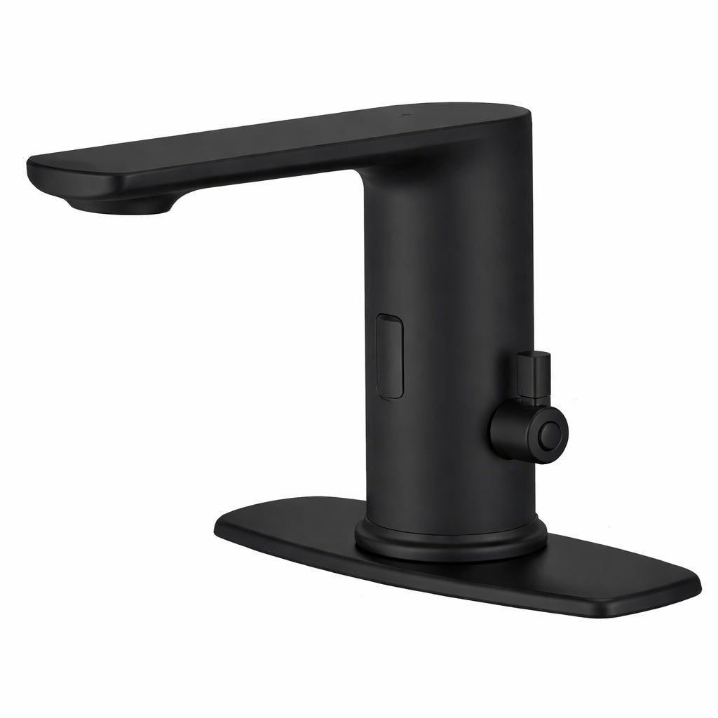 HOMEMYSTIQUE Automatic Sensor Touchless Single Hole Bathroom Sink Faucet with Deck Plate in Matte Black