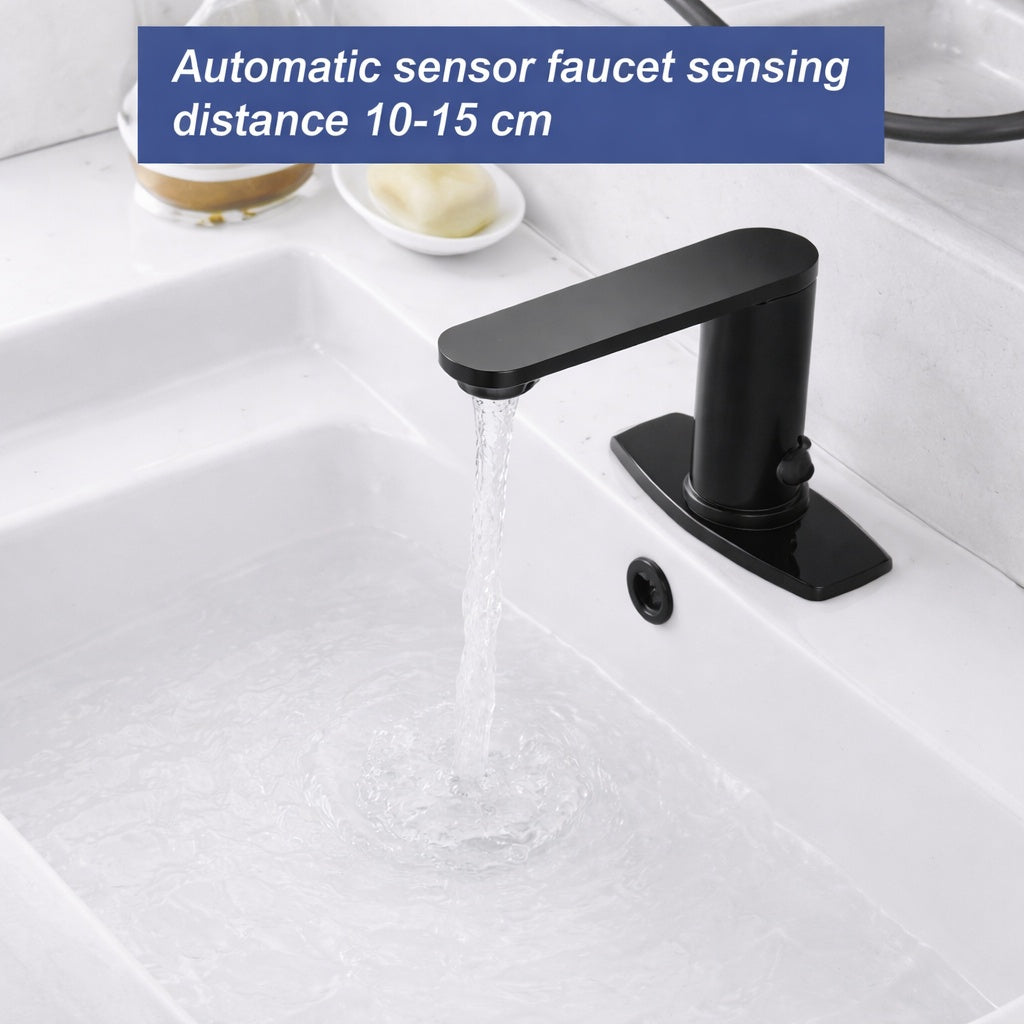 HOMEMYSTIQUE Automatic Sensor Touchless Single Hole Bathroom Sink Faucet with Deck Plate in Matte Black