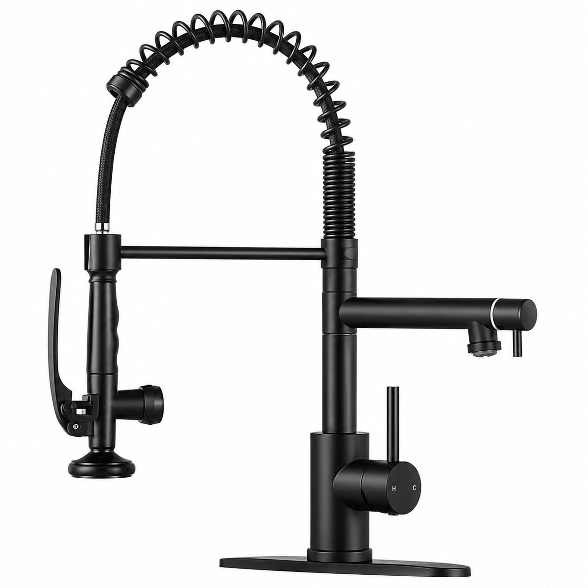 MTTCLE Matte Black 20 in H Pull Down Sprayer Kitchen Faucet with 2 Spout 360 Spout Swivel Commercial Kitchen Faucets KF002B DP 004