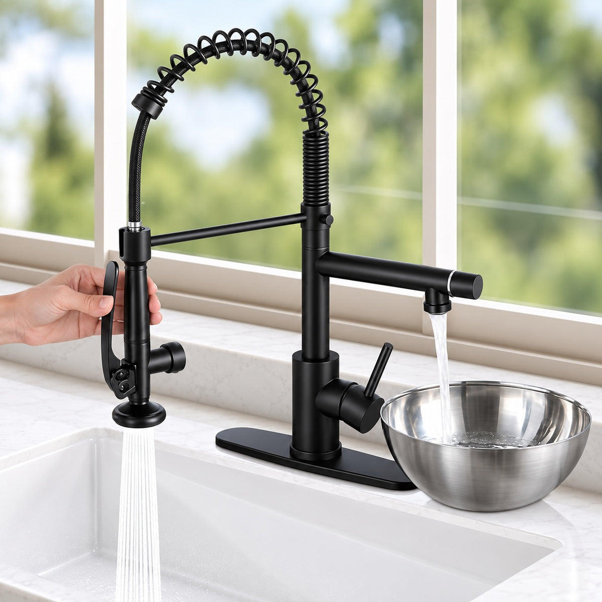 MTTCLE Matte Black 20 in H Pull Down Sprayer Kitchen Faucet with 2 Spout 360 Spout Swivel Commercial Kitchen Faucets KF002B DP 004