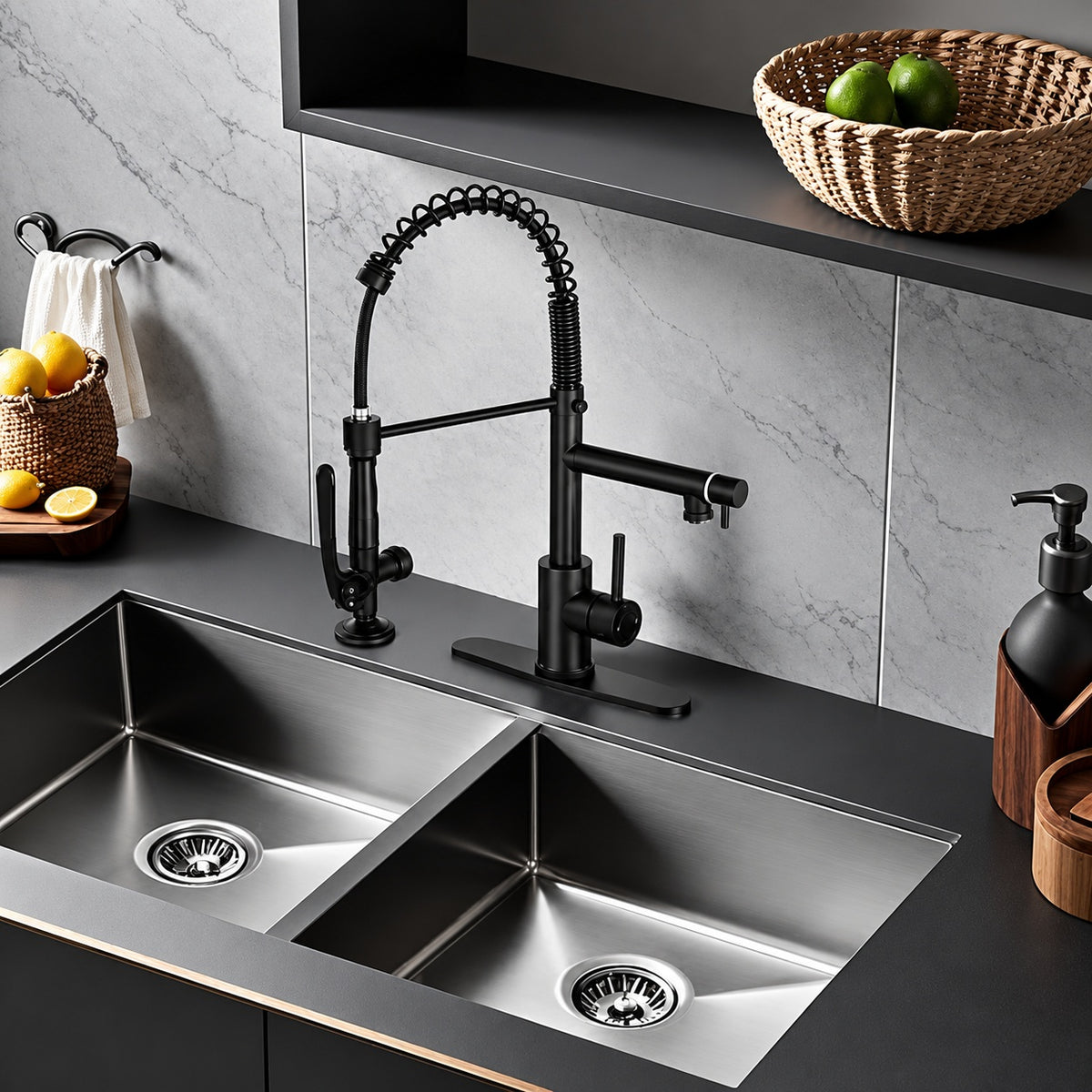 MTTCLE Matte Black 20 in H Pull Out Sprayer Kitchen Faucet with 2 Spout 360 Spout Swivel Commercial Kitchen Faucets KF002B DP 005