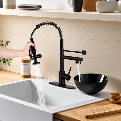 MTTCLE Matte Black 20 in H Pull Out Sprayer Kitchen Faucet with 2 Spout 360 Spout Swivel Commercial Kitchen Faucets KF002B DP 005