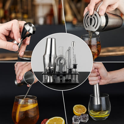 Wudkey 10 Piece Silver Stainless Steel Cocktail Shaker Set Bartender Kit Bar Set Barware Bartender Set for Home Bar Party