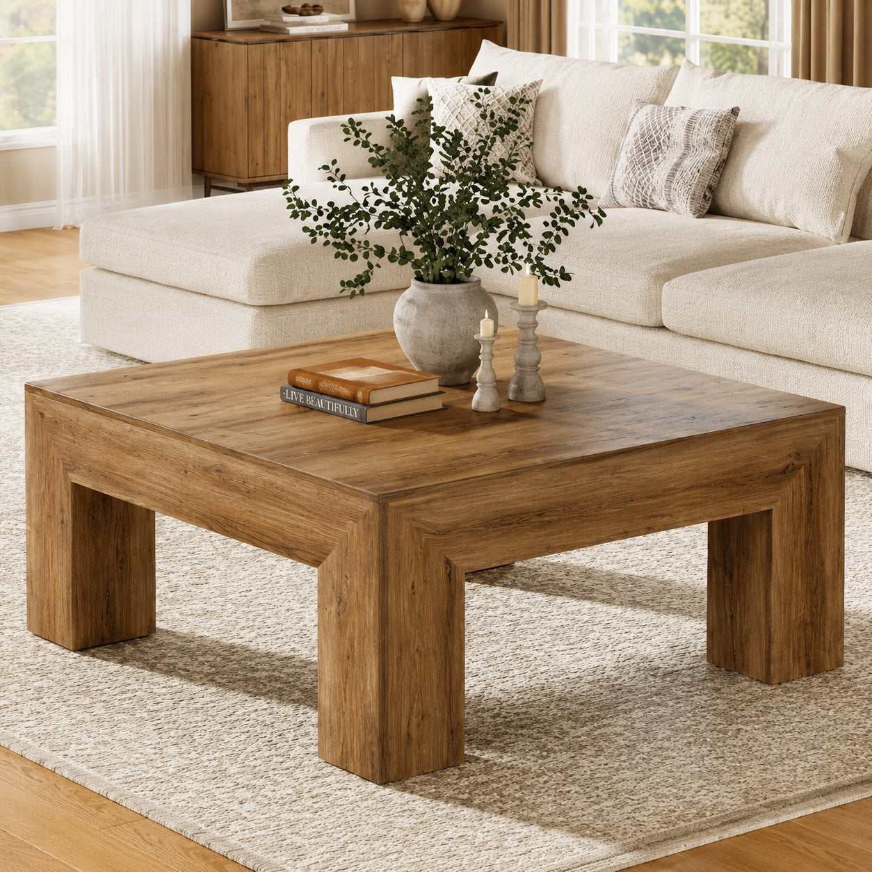 BYBLIGHT Allan 39 4 in Brown Square Wood Coffee Table with Sturdy Wooden Legs