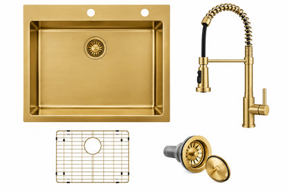 Glacier Bay 30 in Drop In Single Bowl 18 Gauge Gold Stainless Steel Kitchen Sink with Spring Neck Faucet 4523FG 1