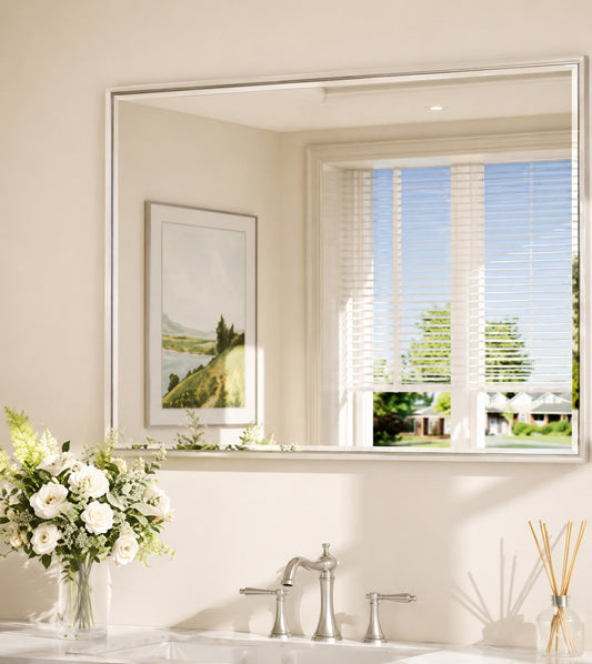 KeonJinn 40 in W x 30 in H Framed Brushed Nickel Mirrors for Bathroom Wall Beveled Mirror Bathroom Vanity Mirror Over Sink