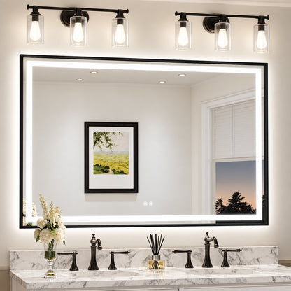 KeonJinn 60 in W x 30 in H Rectangular Framed LED Lighted Bathroom Vanity Mirror with Light in Black with Backlit and Anti Fog