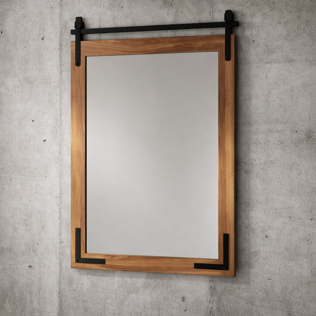 KeonJinn 24 in W x 36 in H Rectangular Barn Door Brown Mirrors Wood Framed Mirror Farmhouse Bathroom Vanity Mirror