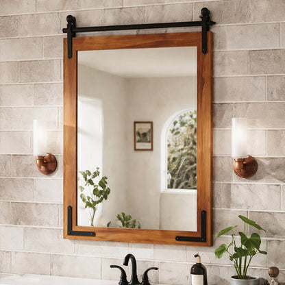 KeonJinn 24 in W x 36 in H Rectangular Barn Door Brown Mirrors Wood Framed Mirror Farmhouse Bathroom Vanity Mirror