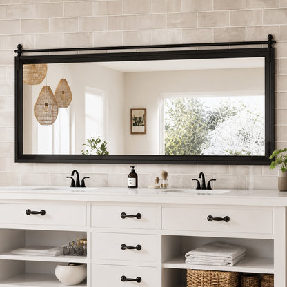 72 in W x 32 in H Rectangular Barn Door Black Mirrors Wood Framed Mirror Farmhouse Bathroom Vanity Mirror