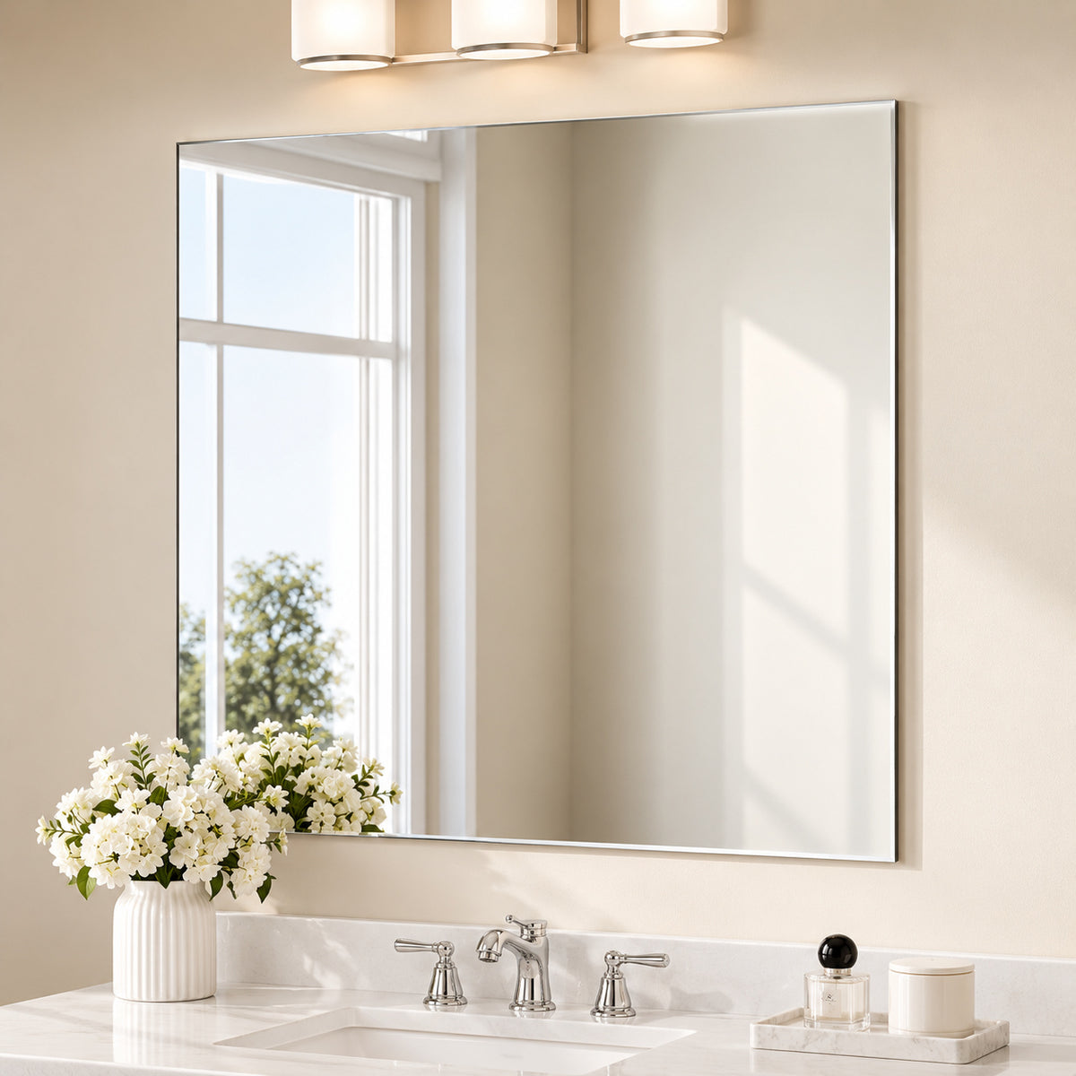 KeonJinn 36 in W x 36 in H Rectangular Beveled Frameless Wall Mount Bathroom Vanity Mirror Decorative Wall Accent Mirror HD WKJ FJ9191