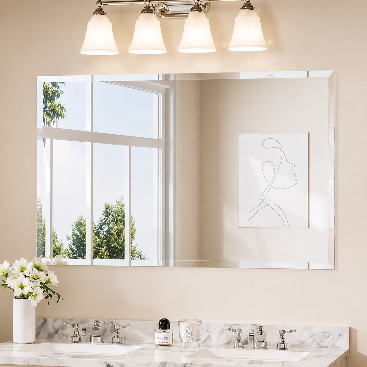 KeonJinn 30 in W x 48 in H Rectangular Beveled Frameless Wall Mount Bathroom Vanity Mirror Decorative Wall Accent Mirror