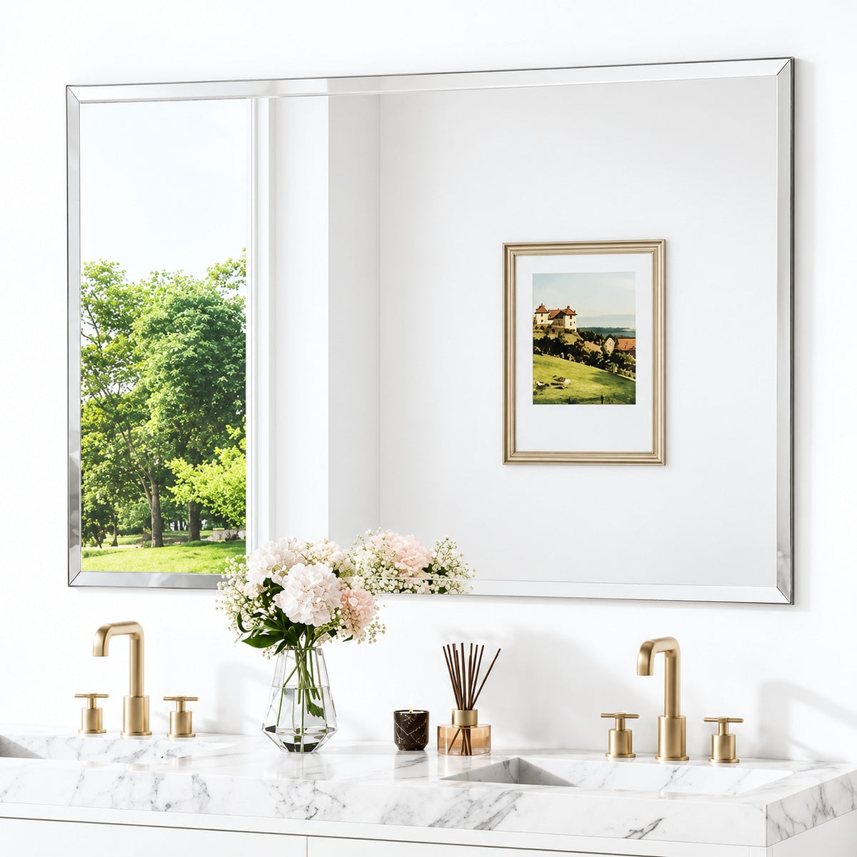 KeonJinn 36 in W x 60 in H Rectangular Beveled Frameless Wall Mount Bathroom Vanity Mirror Decorative Wall Accent Mirror