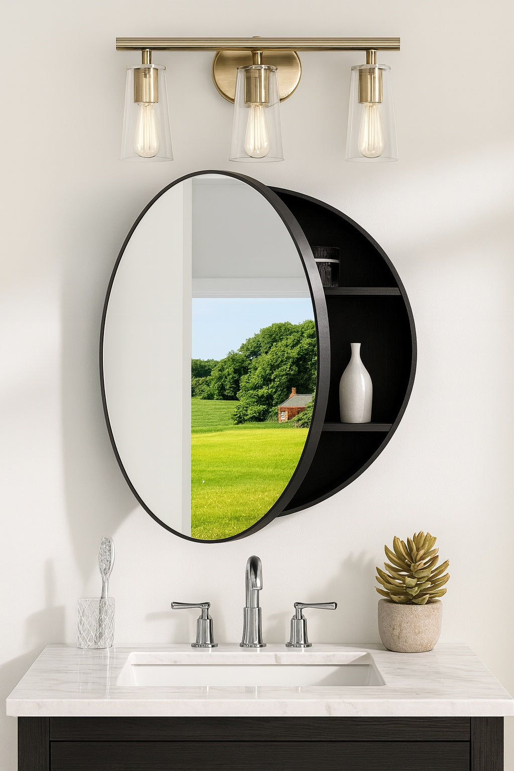 KeonJinn 28 in. W x 28 in. H Round Brushed Nickel Metal Framed Surface Mount Medicine Cabinet with Mirror