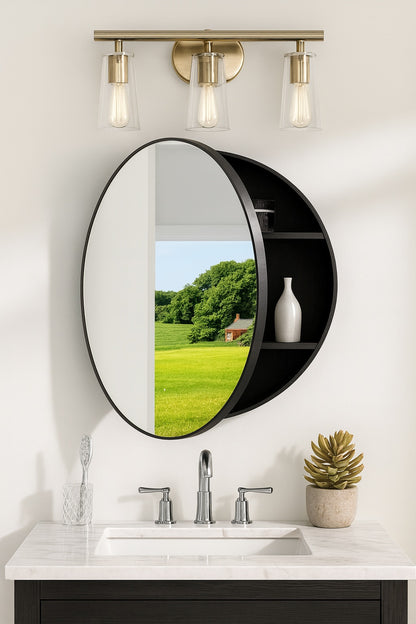 KeonJinn 28 in. W x 28 in. H Round Brushed Nickel Metal Framed Surface Mount Medicine Cabinet with Mirror