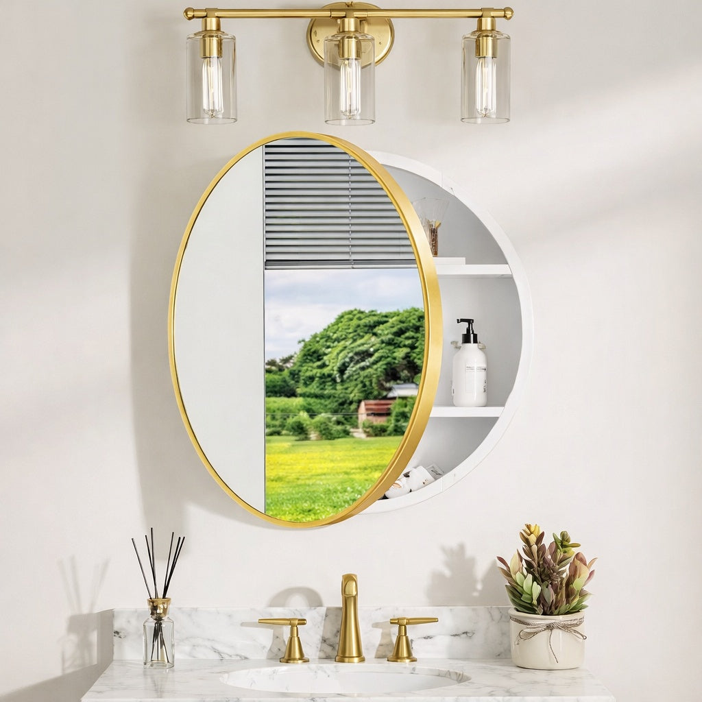 Keonjinn 28 In W X 28 In H Round Gold White Metal Framed Surface Mount Medicine Cabinet With Mirror