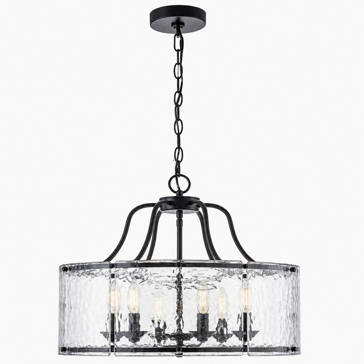 Y INSP 6 Light Matte Black Modern Farmhouse Drum Chandelier with Water Ripple Glass for Kitchen Island Dining Room Foyer LT1054961