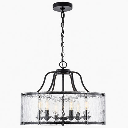 Y INSP 6 Light Matte Black Modern Farmhouse Drum Chandelier with Water Ripple Glass for Kitchen Island Dining Room Foyer LT1054961