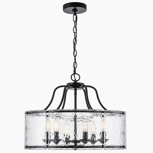 Y INSP 6 Light Matte Black Modern Farmhouse Drum Chandelier with Water Ripple Glass for Kitchen Island Dining Room Foyer LT1054961