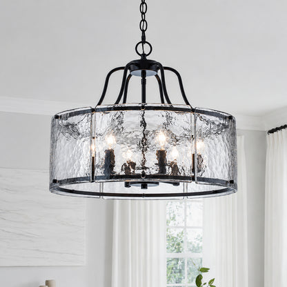 Y INSP 6 Light Matte Black Modern Farmhouse Drum Chandelier with Water Ripple Glass for Kitchen Island Dining Room Foyer LT1054961
